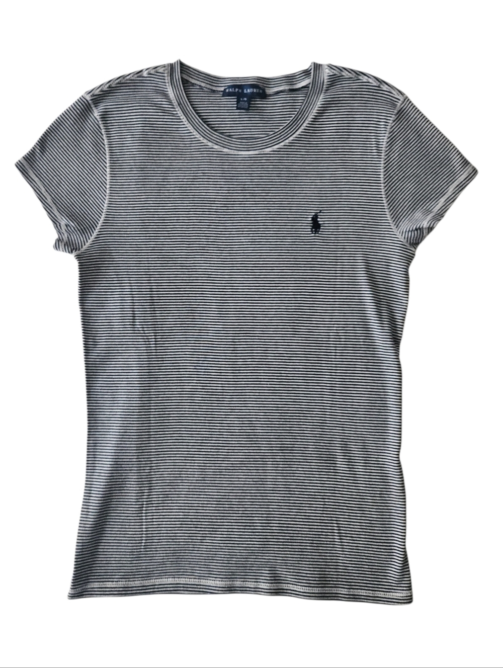 RALPH LAUREN Navy & White Striped Logo Short Sleeve T-Shirt | SZ L - Picture 2 of 9